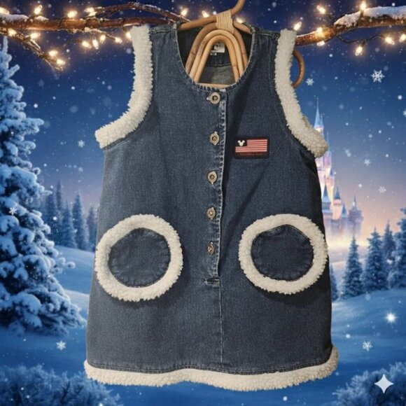 Rare Vintage Disneyworld Mickey Ears Denim Sherpa Dress Girls Size 3t-5t  Toddler